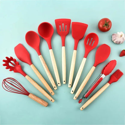 Utensili da cucina in silicone con manico in legno con secchio per la conservazione, spatola per cucchiaio resistente alle alte temperature e antiaderente, 12 pezzi/set 